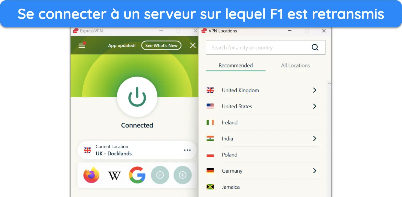 Capture d'&eacute;cran montrant ExpressVPN connect&eacute; &agrave; un pays o&ugrave; les courses de F1 sont diffus&eacute;es en direct.