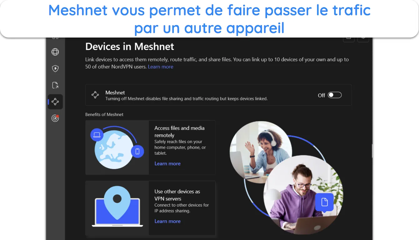 Capture d'&eacute;cran montrant la fonctionnalit&eacute; Meshnet de NordVPN.