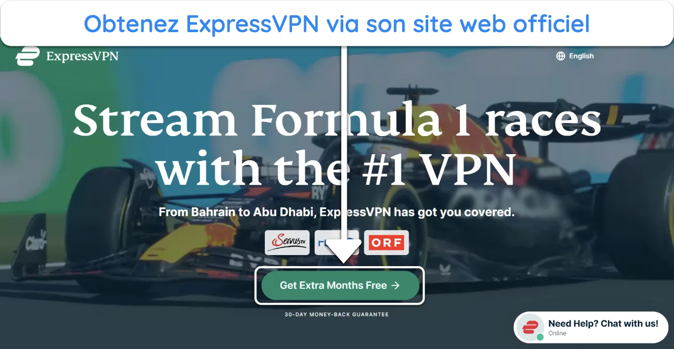 Capture d'&eacute;cran montrant comment obtenir ExpressVPN via le site web officiel.