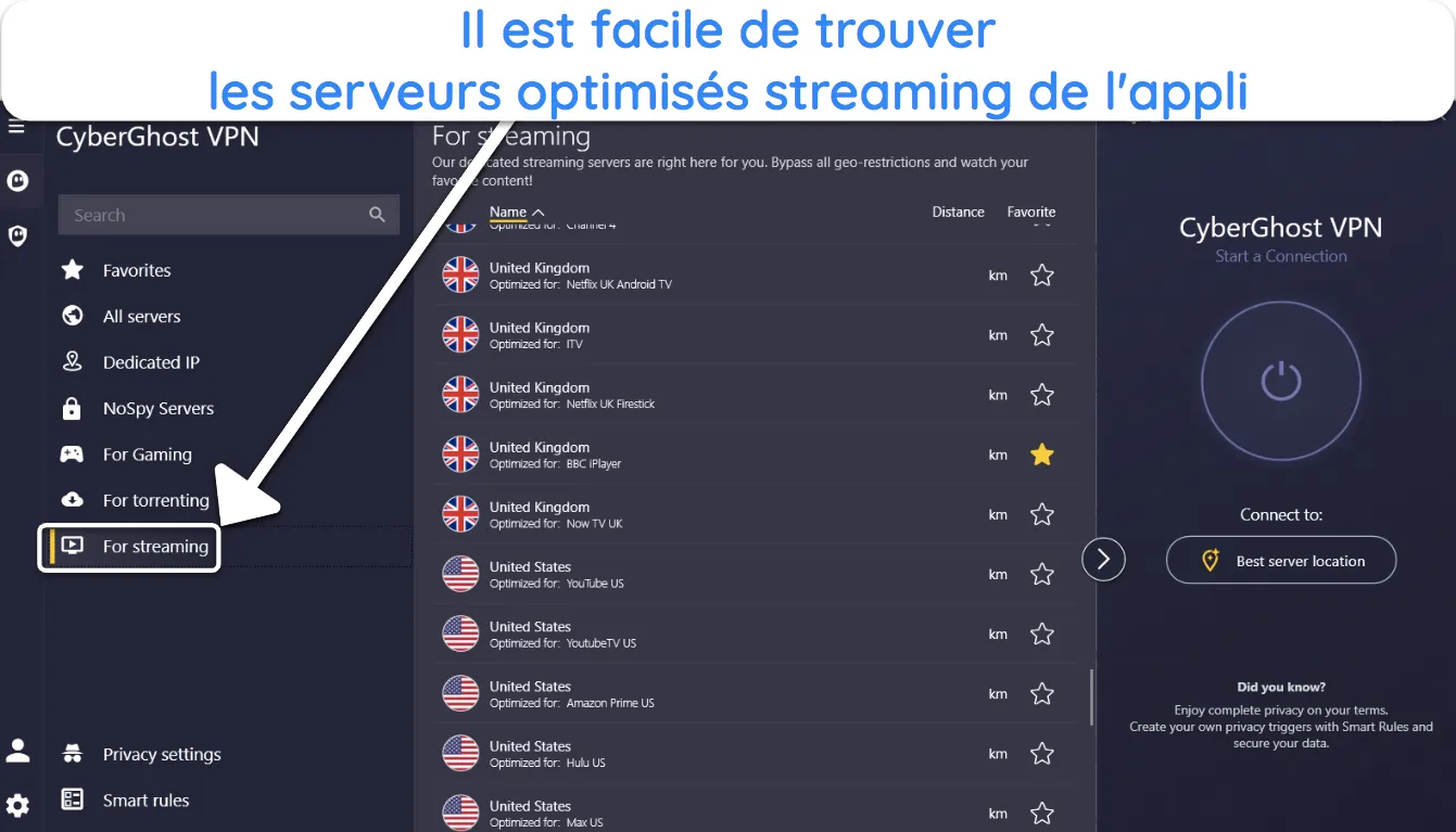Capture d'&eacute;cran montrant comment acc&eacute;der aux serveurs optimis&eacute;s pour le streaming dans l'application CyberGhost.