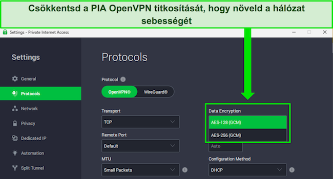 A PIA Windows-alkalmaz&aacute;s&aacute;nak k&eacute;pe, amely bemutatja azokat a testreszabhat&oacute; szolg&aacute;ltat&aacute;sokat, amelyek n&ouml;velhetik a h&aacute;l&oacute;zati sebess&eacute;get