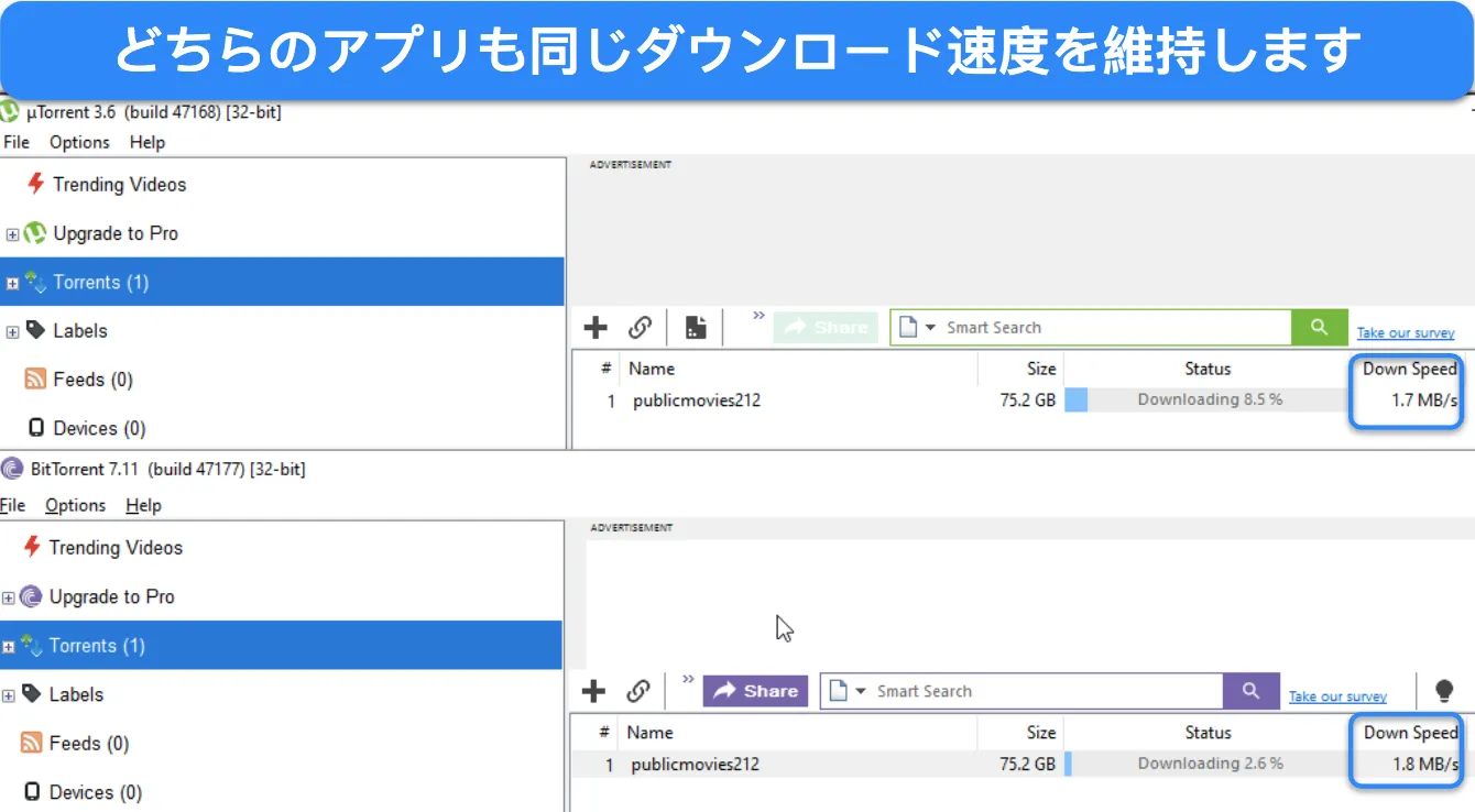 uTorrent と BitTorrent のダウンロード速度の比較を示すスクリーンショット。