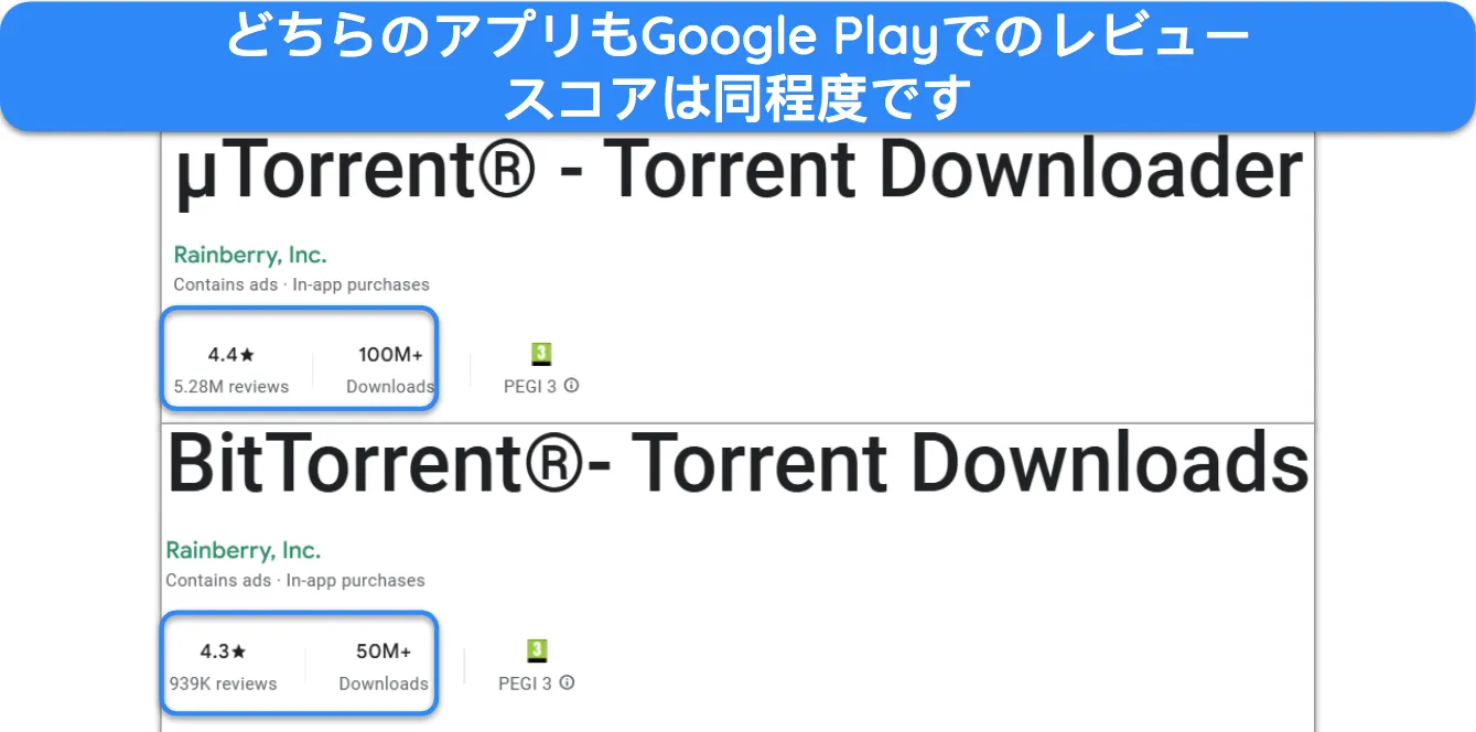 Google Play での BitTorrent と uTorrent のレビュー スコアの比較を示すスクリーンショット。