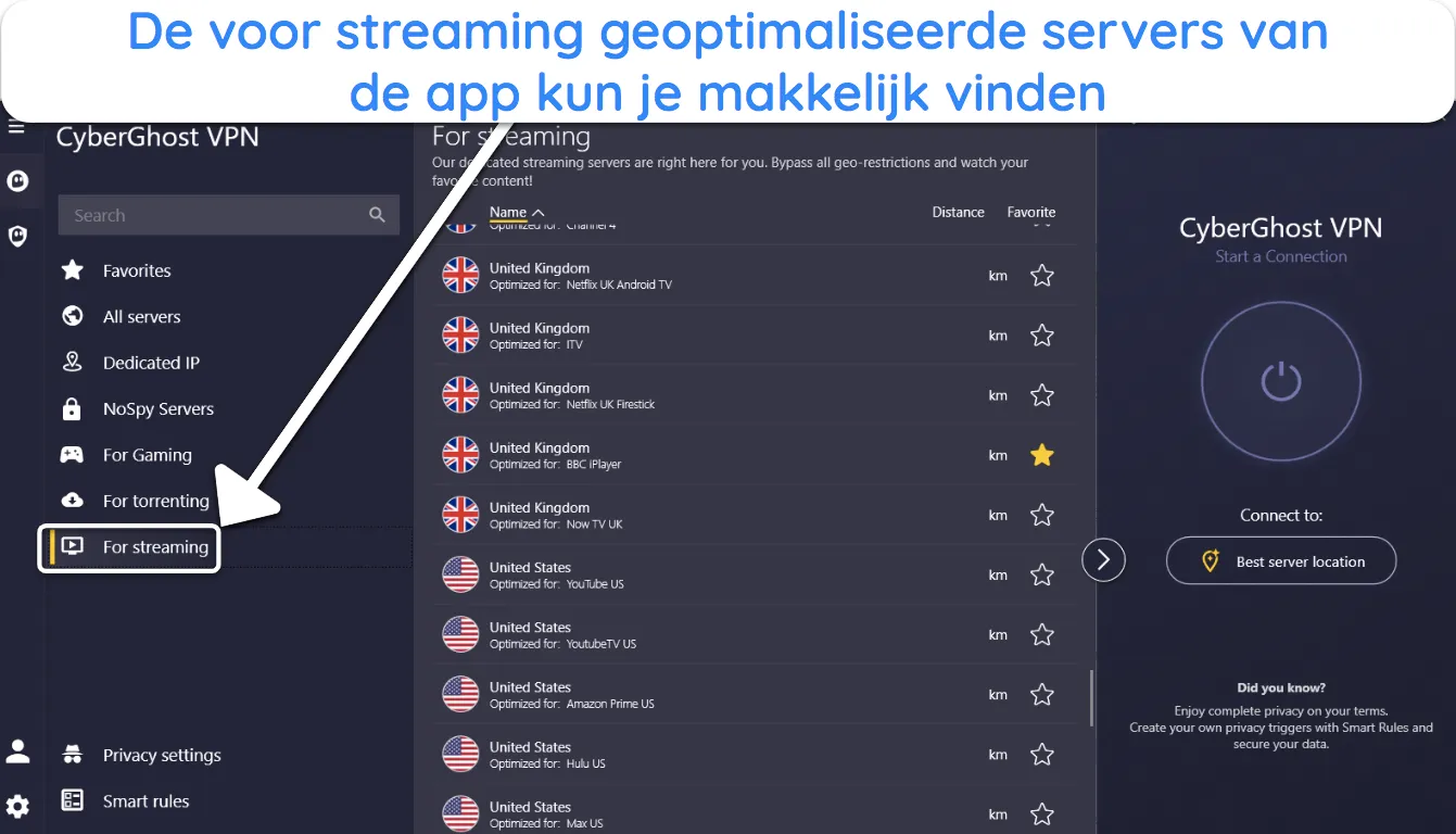 Screenshot van hoe je toegang krijgt tot de streaming-geoptimaliseerde servers in de CyberGhost-app.