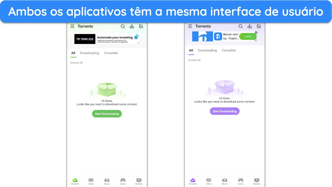 Captura de tela mostrando uma compara&ccedil;&atilde;o da interface do aplicativo Android do BitTorrent e do uTorrent.