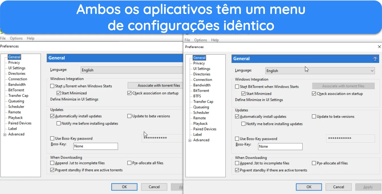 Captura de tela mostrando uma compara&ccedil;&atilde;o do menu de configura&ccedil;&otilde;es nos aplicativos de desktop do BitTorrent e do uTorrent.