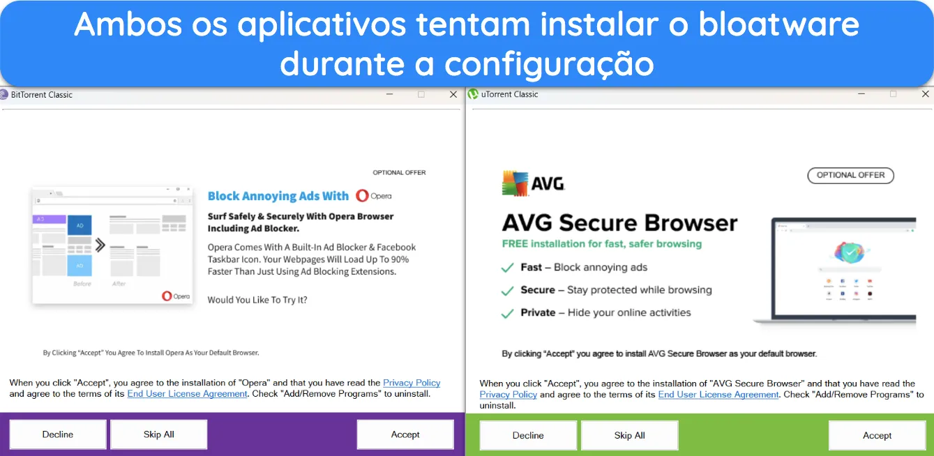 Captura de tela mostrando o BitTorrent e o uTorrent tentando instalar outros aplicativos durante o processo de configura&ccedil;&atilde;o.