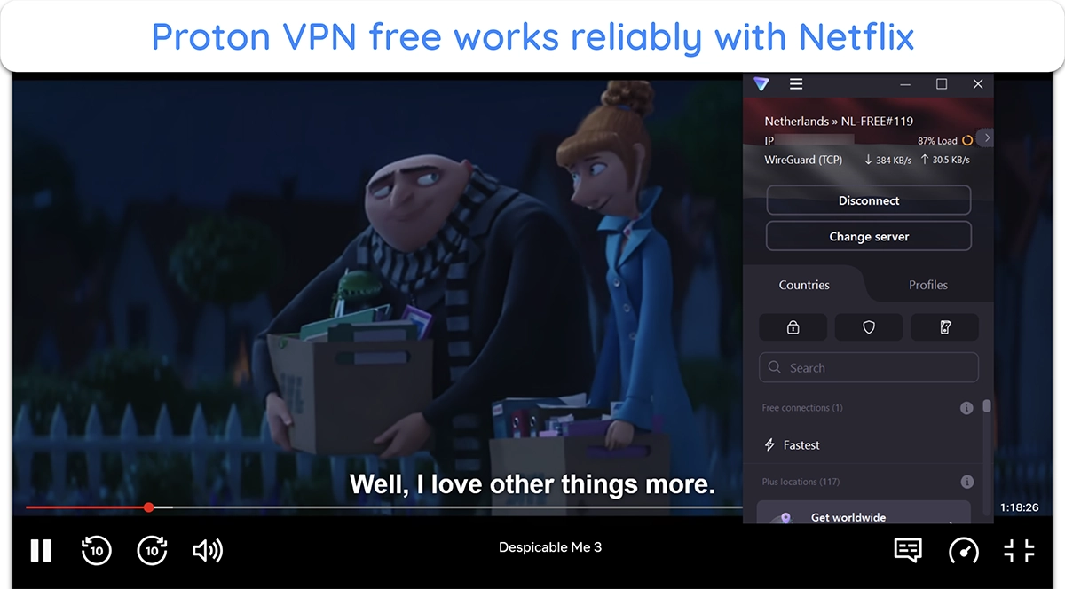 Screenshot showing Netflix working while connected to a free Proton VPN server in the Netherlands