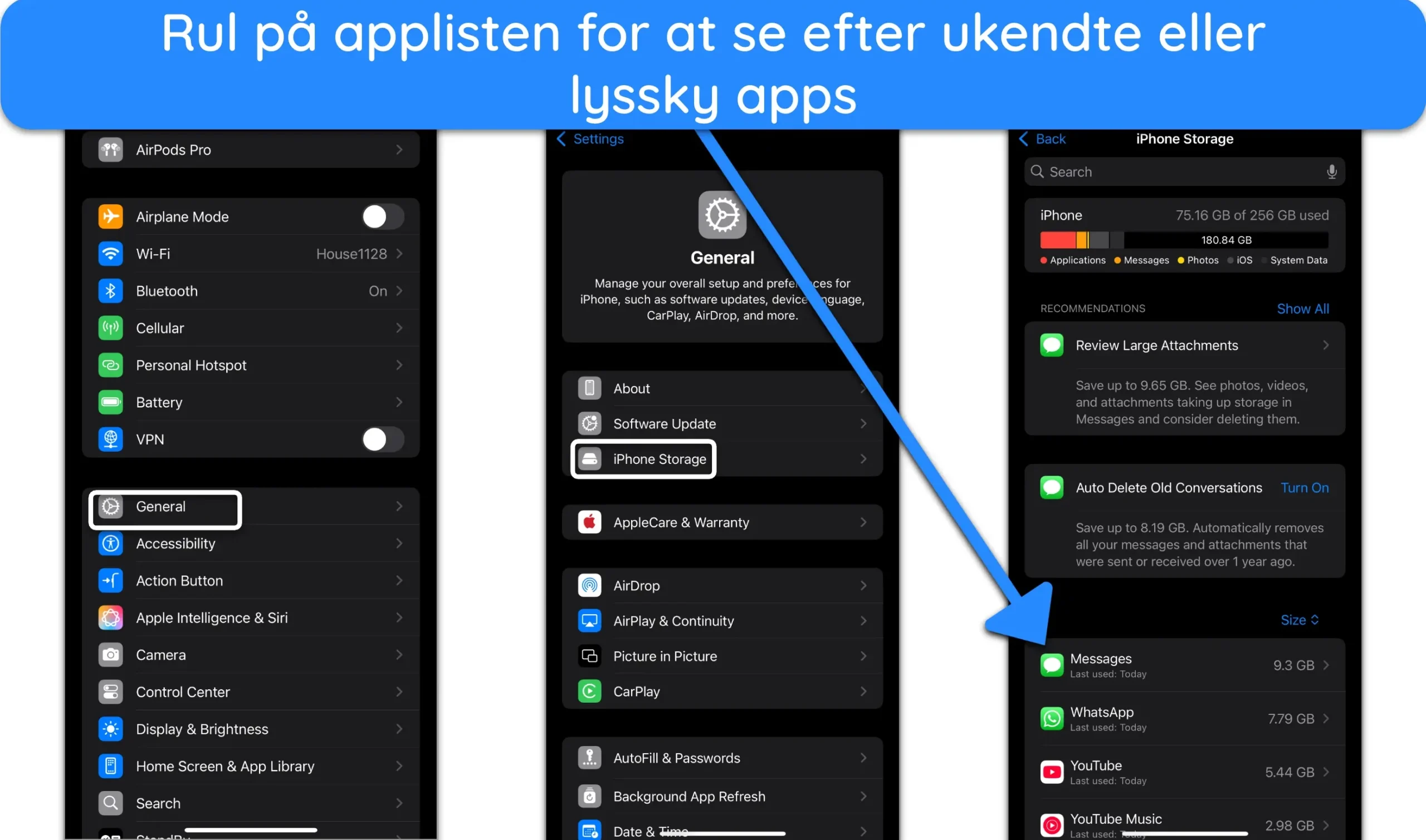 Sk&aelig;rmbillede af listen over apps, der vises under iPhone Storage.