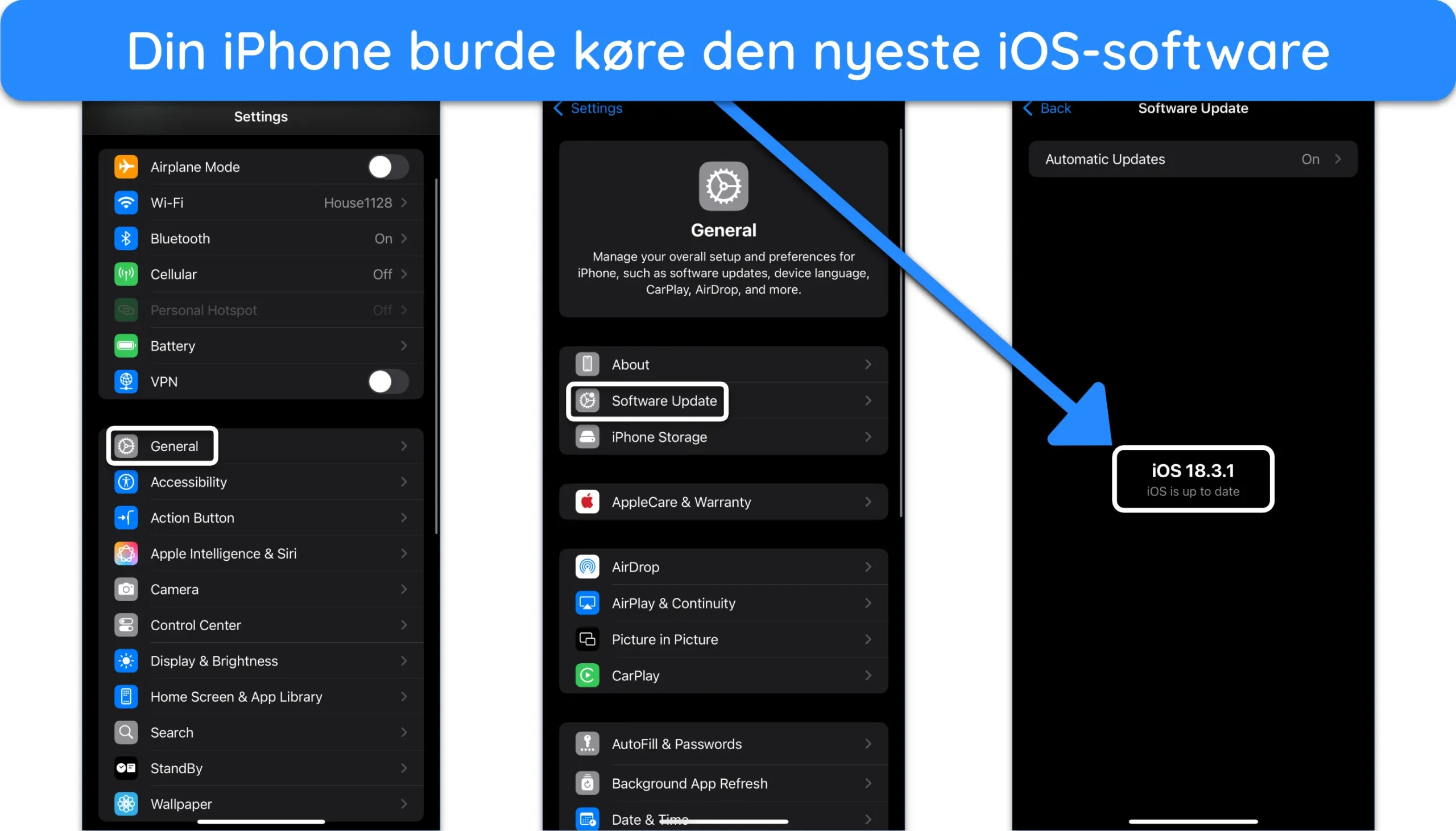 Sk&aelig;rmbillede, der viser en iPhone, der k&oslash;rer den nyeste version af iOS.