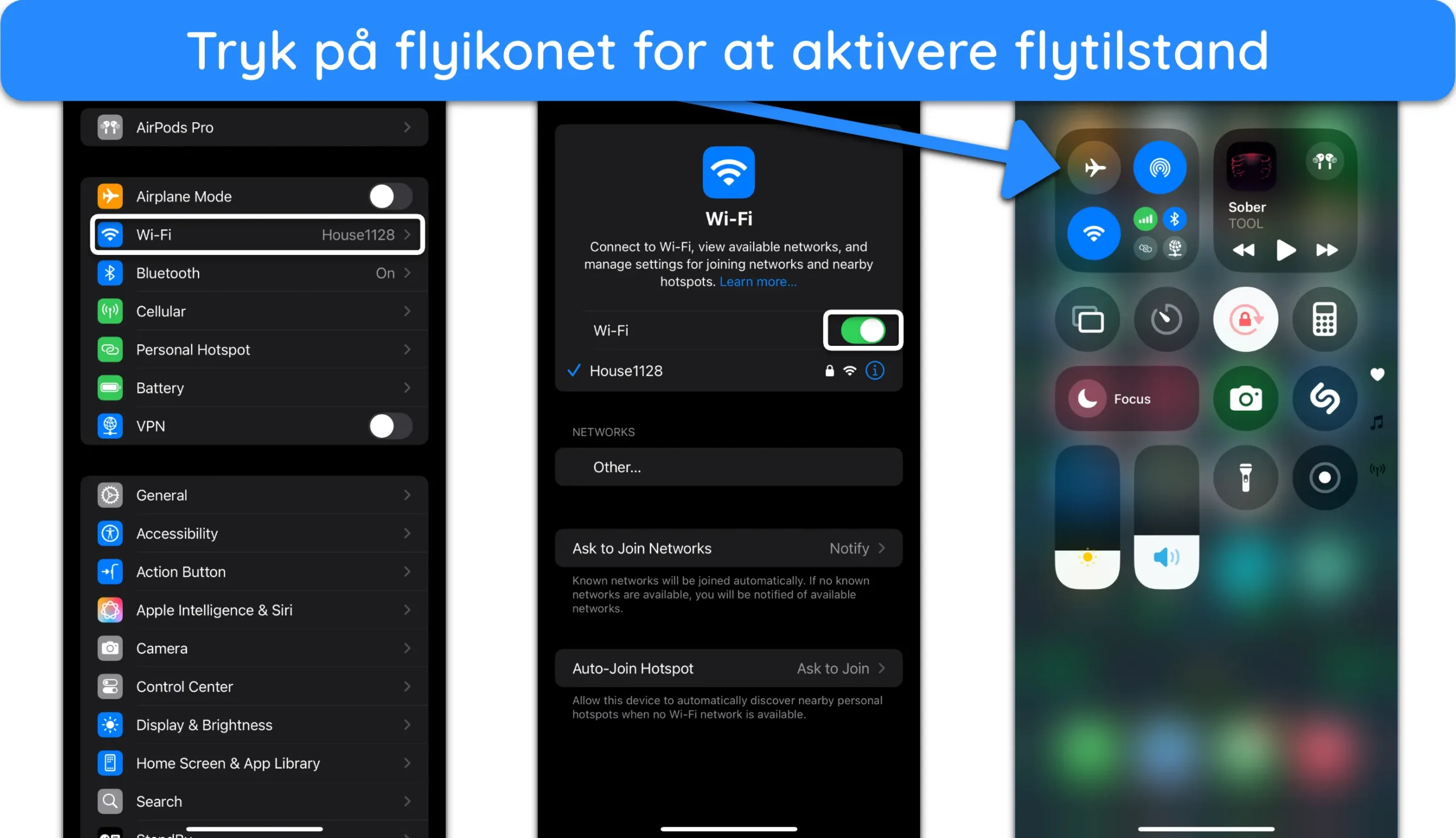 Sk&aelig;rmbillede af, hvordan du aktiverer flytilstand p&aring; iPhone.