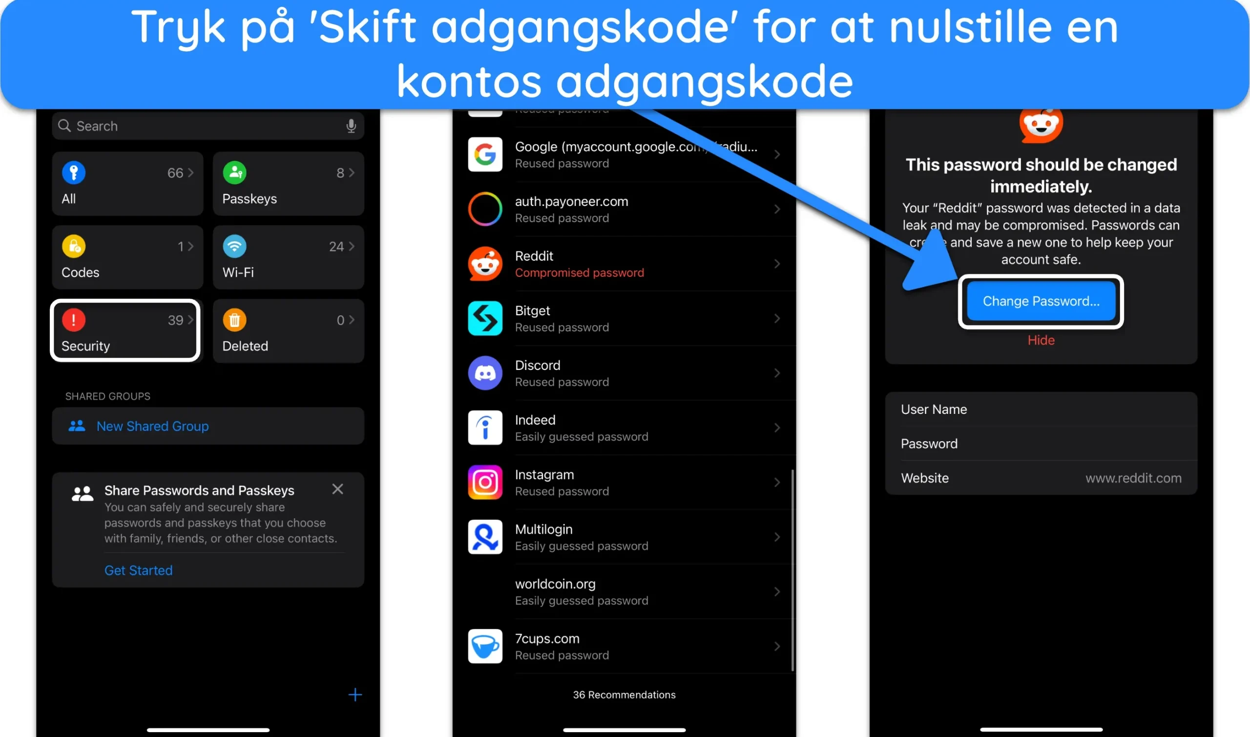 Sk&aelig;rmbillede af iPhones adgangskode-app, der viser en liste over svage og kompromitterede adgangskoder, og hvordan man &aelig;ndrer adgangskode.