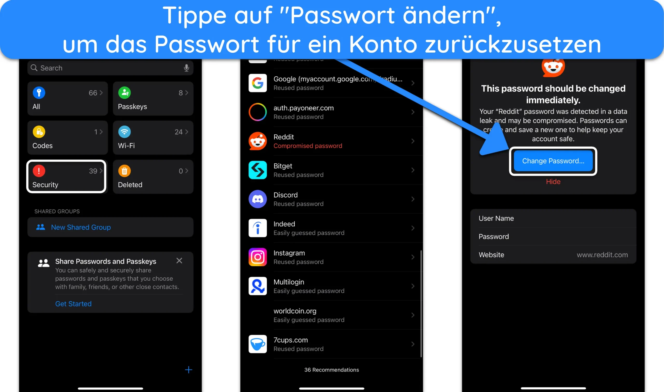 Screenshot der Passwort-App des iPhones mit einer Liste schwacher und kompromittierter Passw&ouml;rter und Anleitungen zum &Auml;ndern des Passworts.