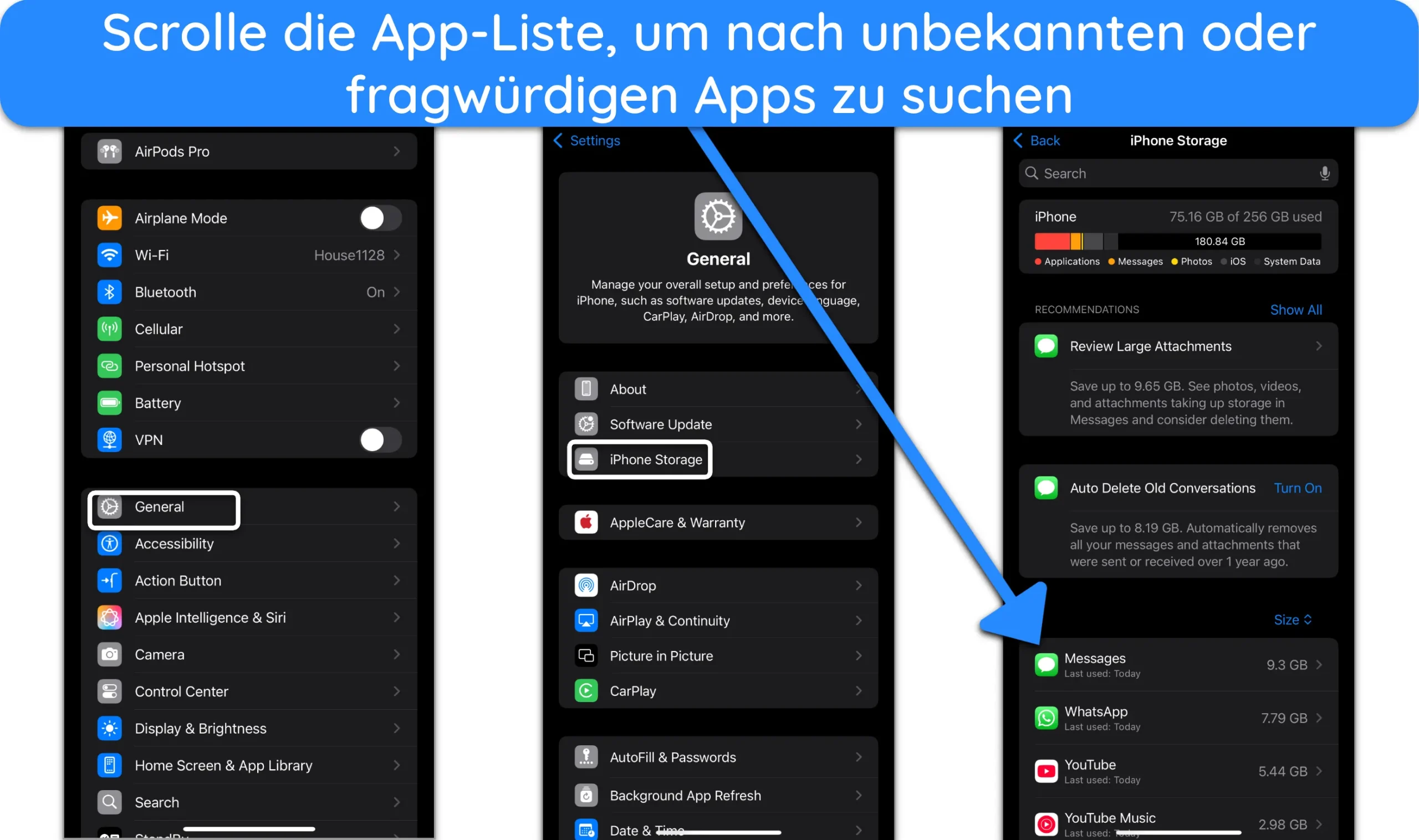 Screenshot der App-Liste im iPhone-Speicher.