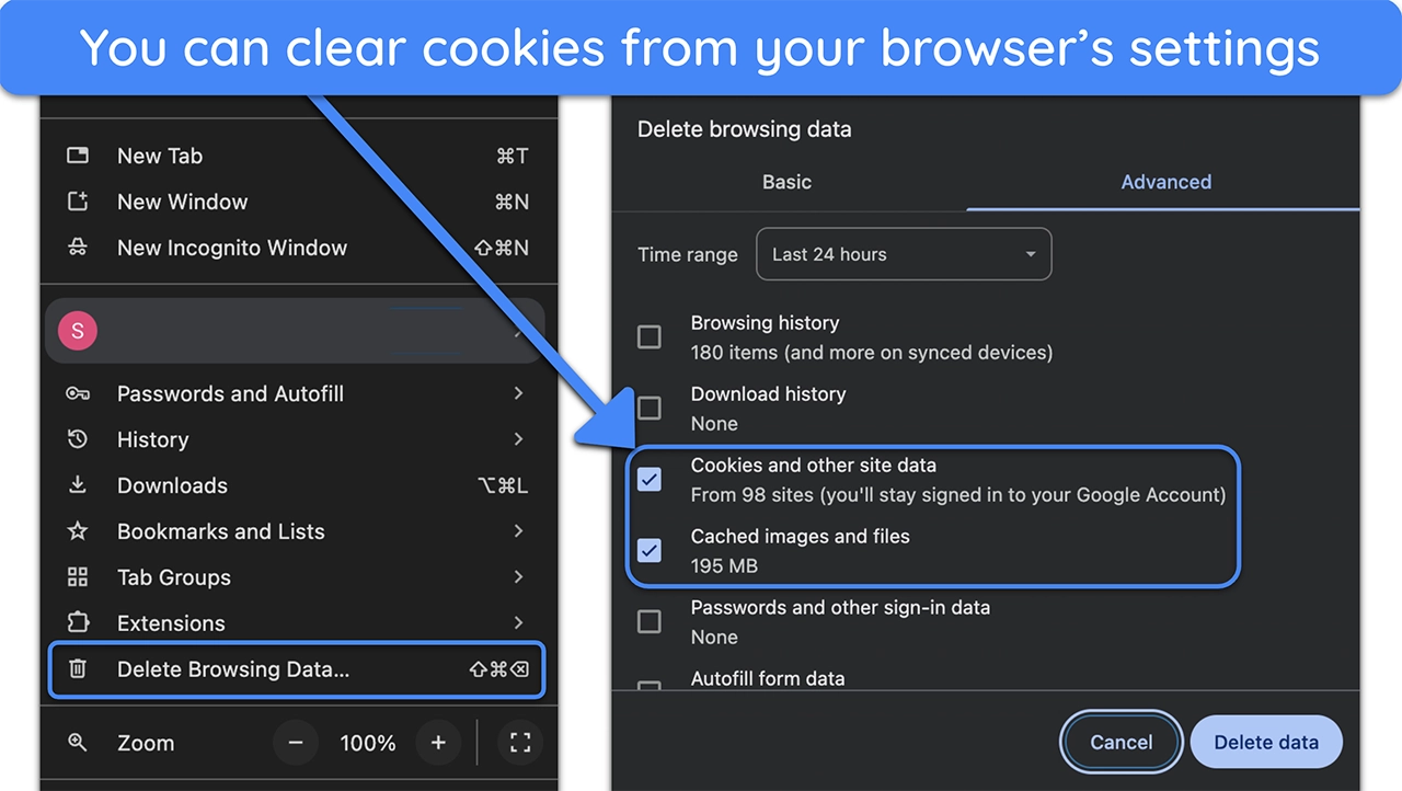 Screenshot of how to clear cookies and cache on Google Chrome