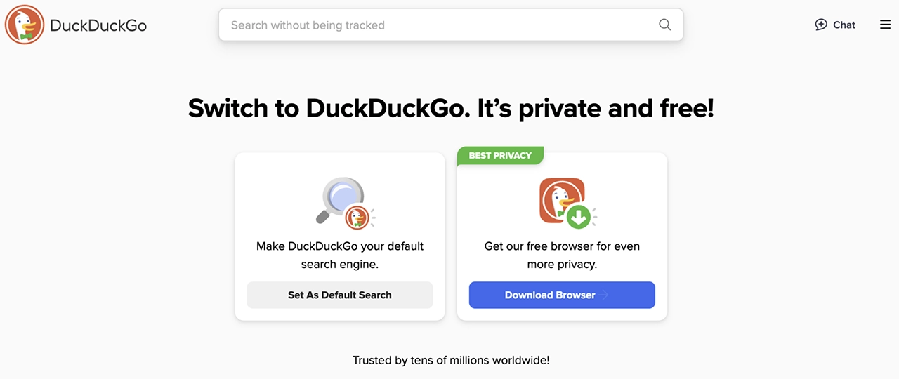 Screenshot of DuckDuckGo's official website's homepage