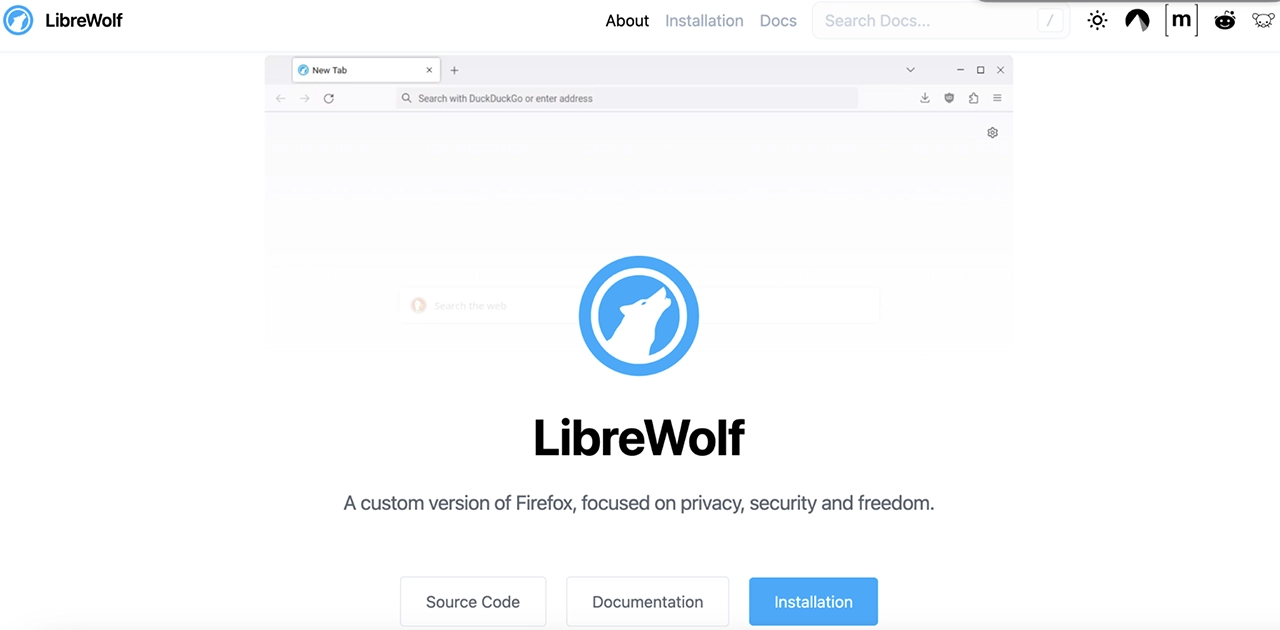 Screenshot of LibreWolf's official website's homepage
