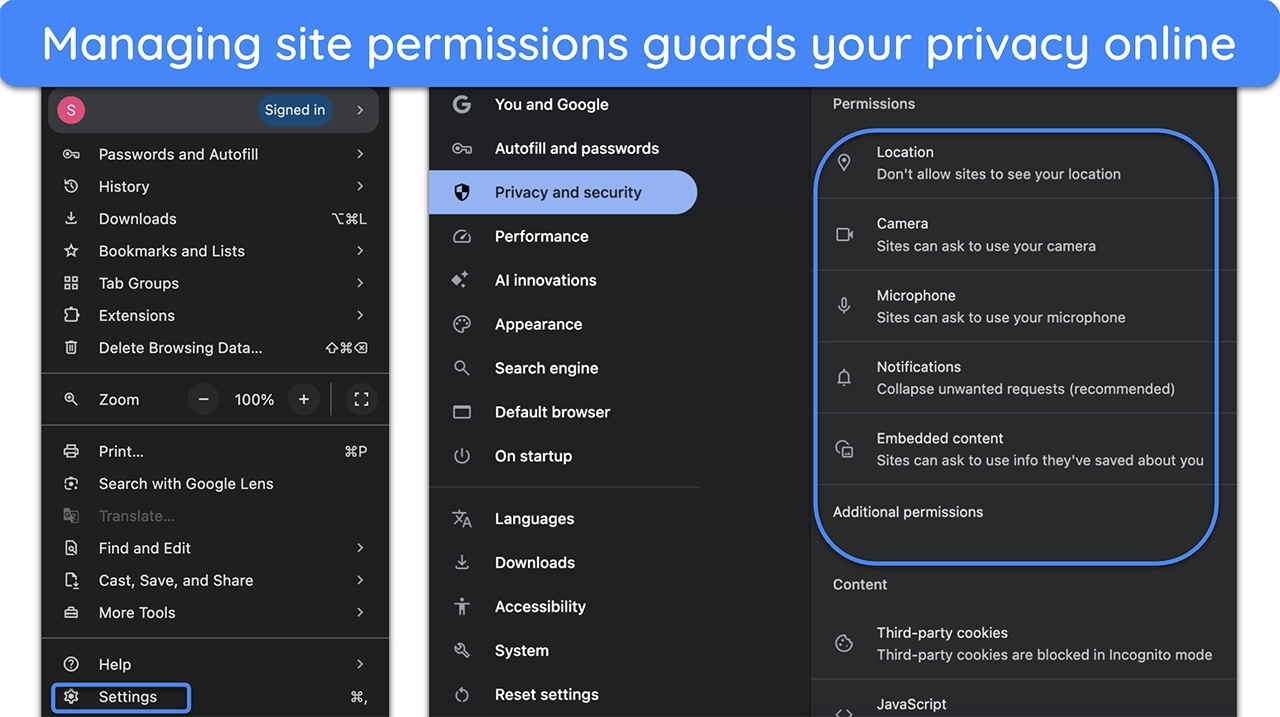 Screenshot of how to manage site permissions on Google Chrome