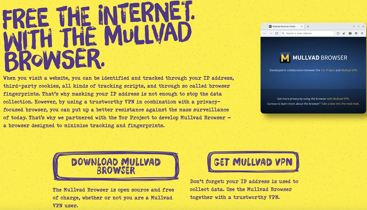 Screenshot of Mullvad's official website's homepage