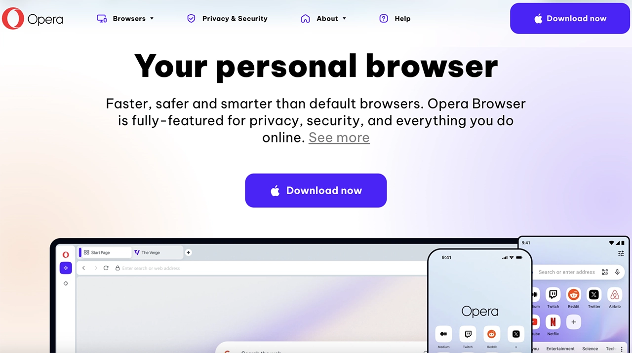 Screenshot of Opera official website's homepage