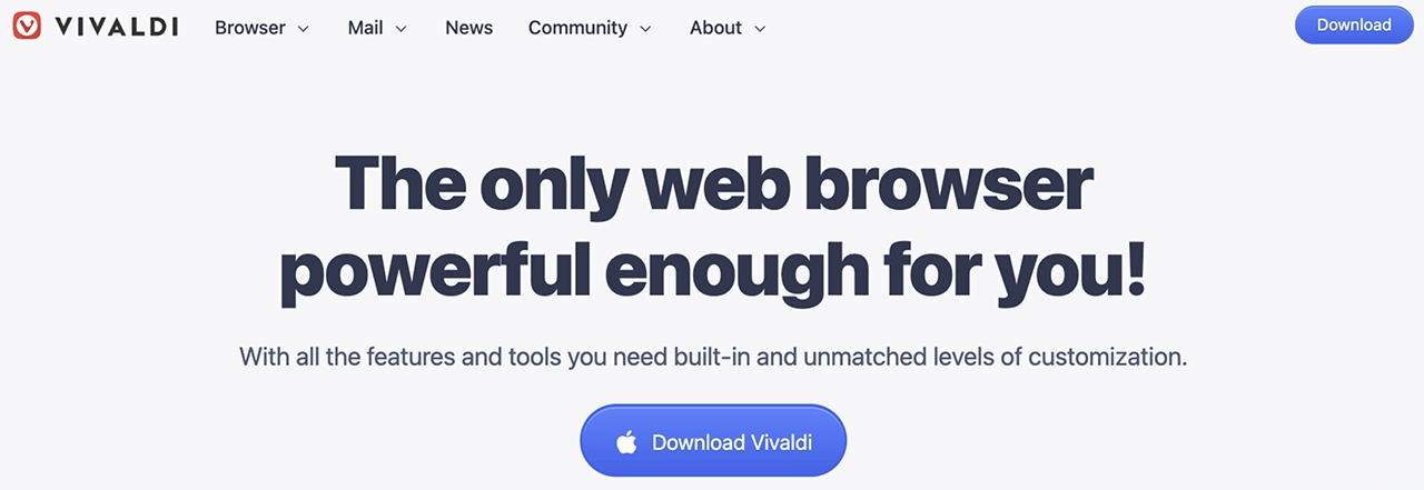 Screenshot of Vivaldi's official website's homepage