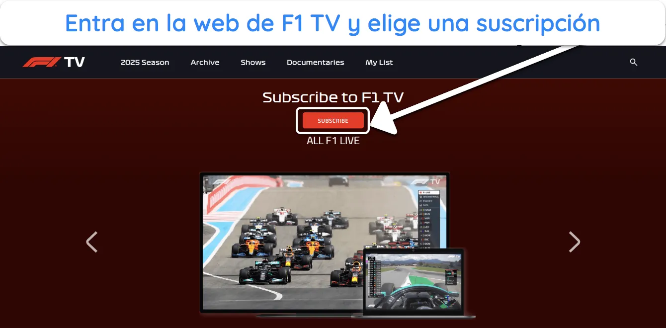 Captura de pantalla que muestra c&oacute;mo obtener una suscripci&oacute;n a F1 TV.