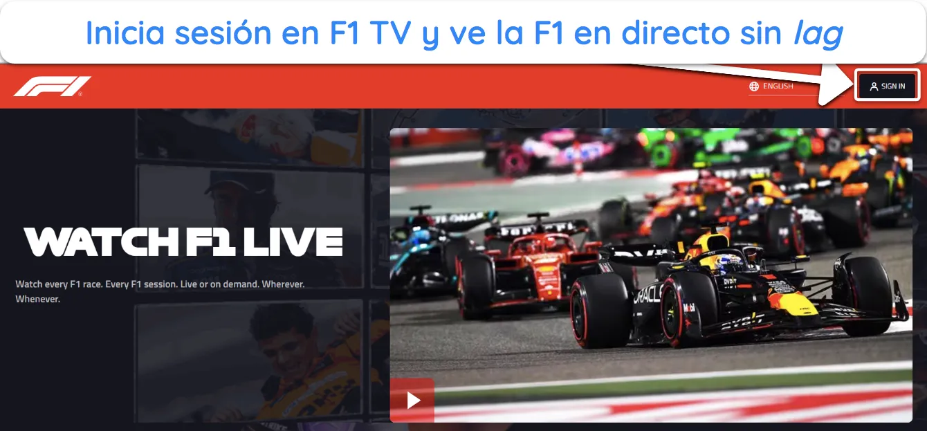 Captura de pantalla que muestra c&oacute;mo iniciar sesi&oacute;n en F1 TV para ver carreras de F1 despu&eacute;s de suscribirse.