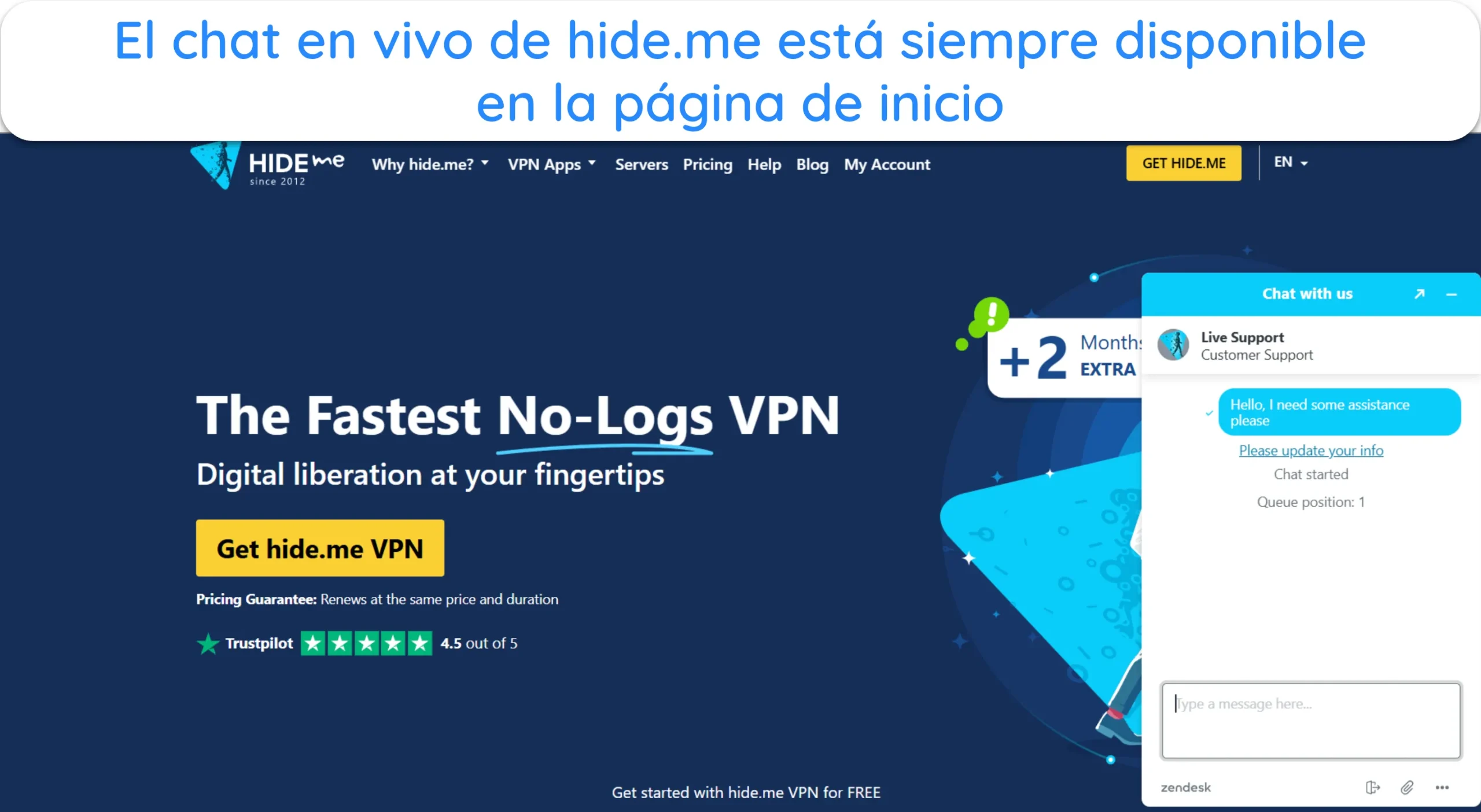 Captura de pantalla que muestra la opci&oacute;n de soporte por chat en vivo de hide.me en la p&aacute;gina principal de la VPN.