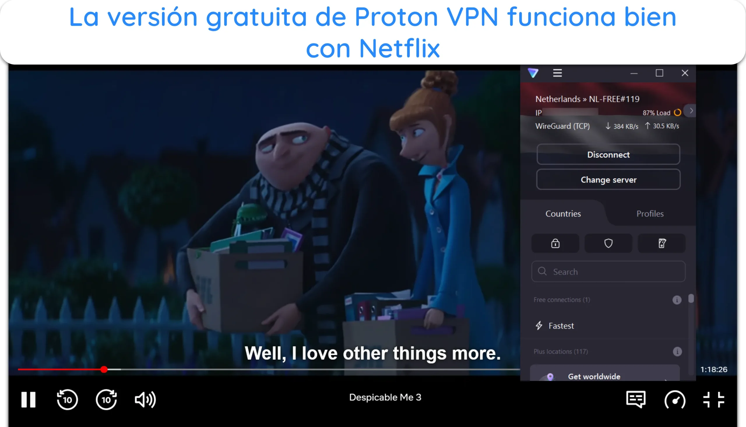Captura de pantalla que muestra Netflix funcionando mientras est&aacute; conectado a un servidor gratuito de Proton VPN en los Pa&iacute;ses Bajos.