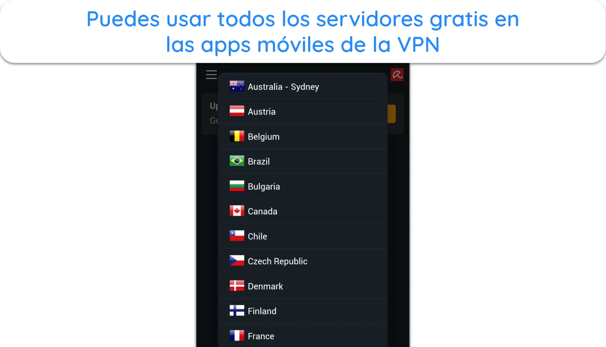 Captura de pantalla que muestra las distintas ubicaciones de los servidores en la aplicaci&oacute;n m&oacute;vil de Avira VPN.
