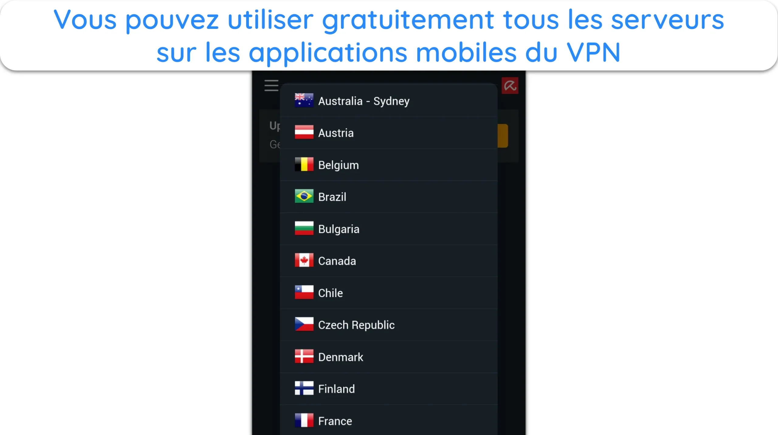 Capture d'écran montrant les différents emplacements des serveurs dans l'application mobile Avira VPN.