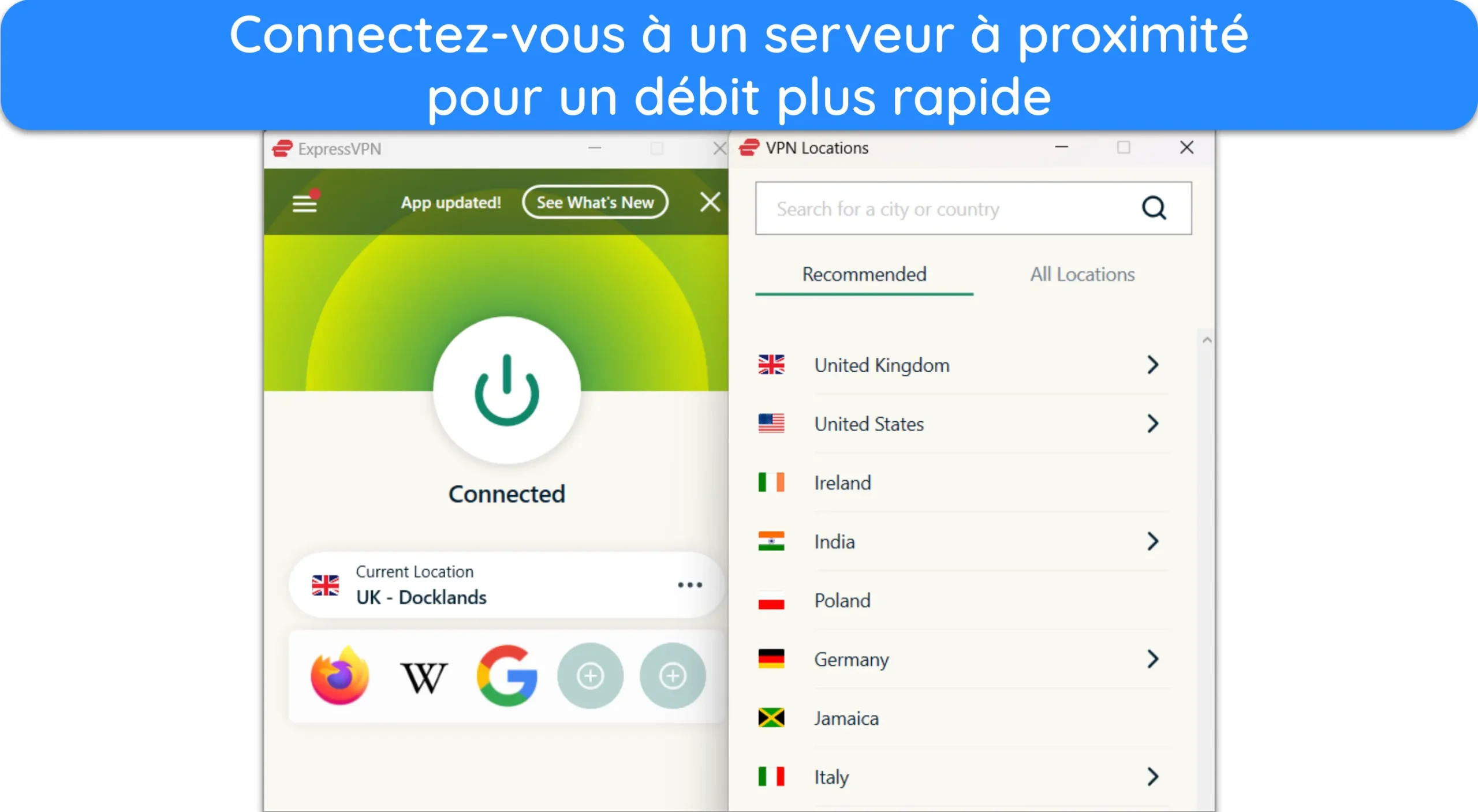 Capture d'&eacute;cran montrant ExpressVPN connect&eacute; &agrave; un serveur &agrave; proximit&eacute;.