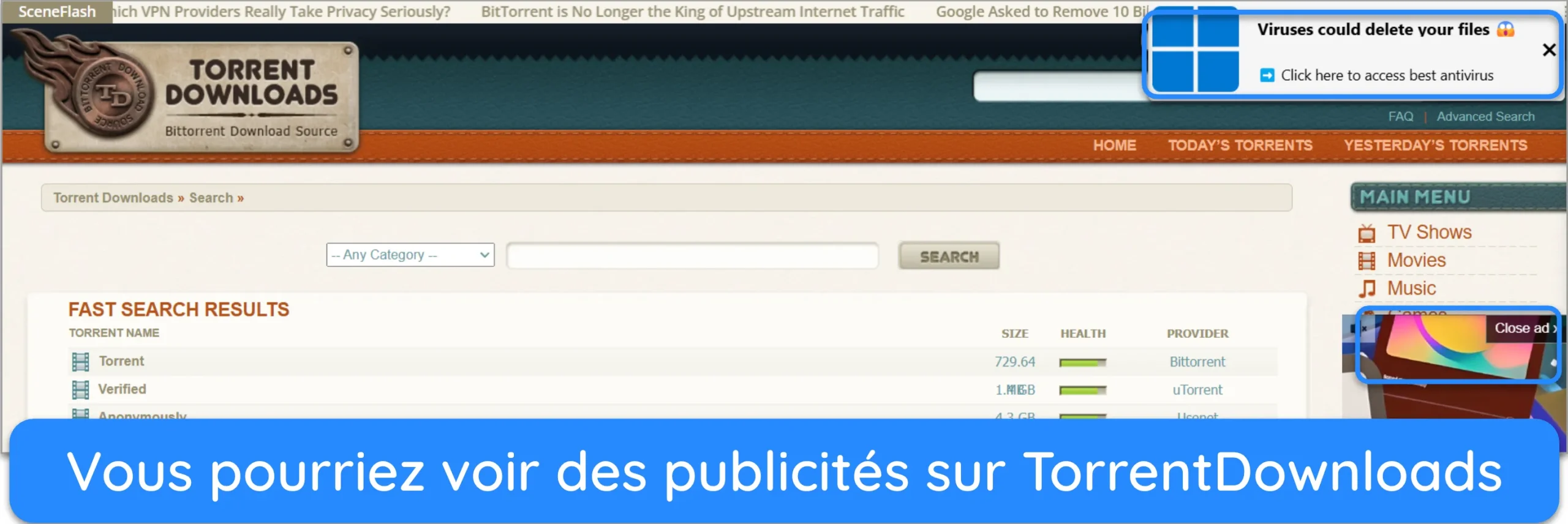 Capture d'&eacute;cran des publicit&eacute;s affich&eacute;es sur TorrentDownloads.