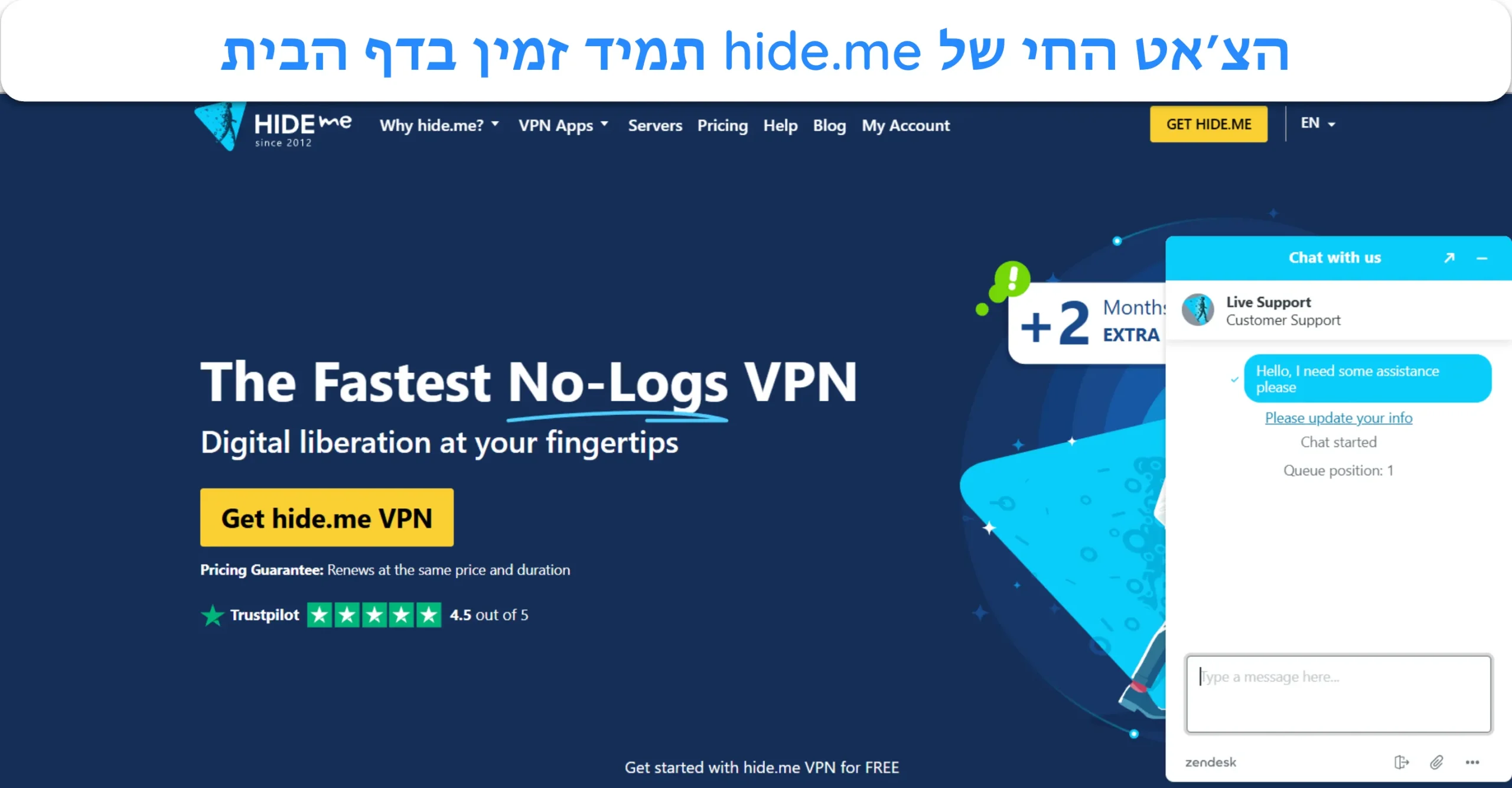 צילום מסך המציג את אפשרות התמיכה בצ'אט חי של hide.me בדף הבית של ה-VPN.