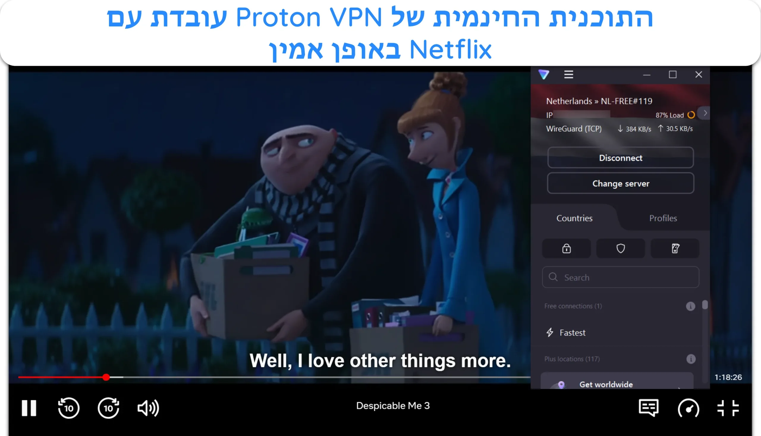 צילום מסך המראה את נטפליקס עובדת כשהיא מחוברת לשרת פרוטון VPN בחינם בהולנד.