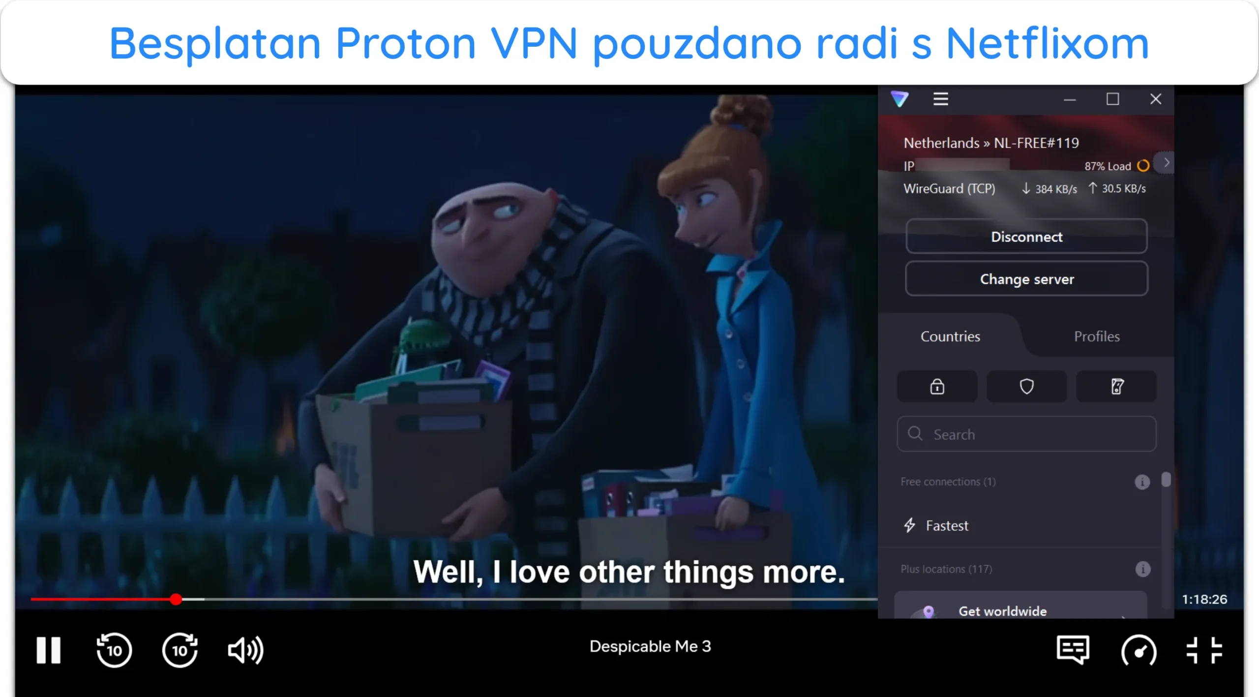 Snimka zaslona koja prikazuje Netflix kako radi dok je povezan s besplatnim Proton VPN poslužiteljem u Nizozemskoj.