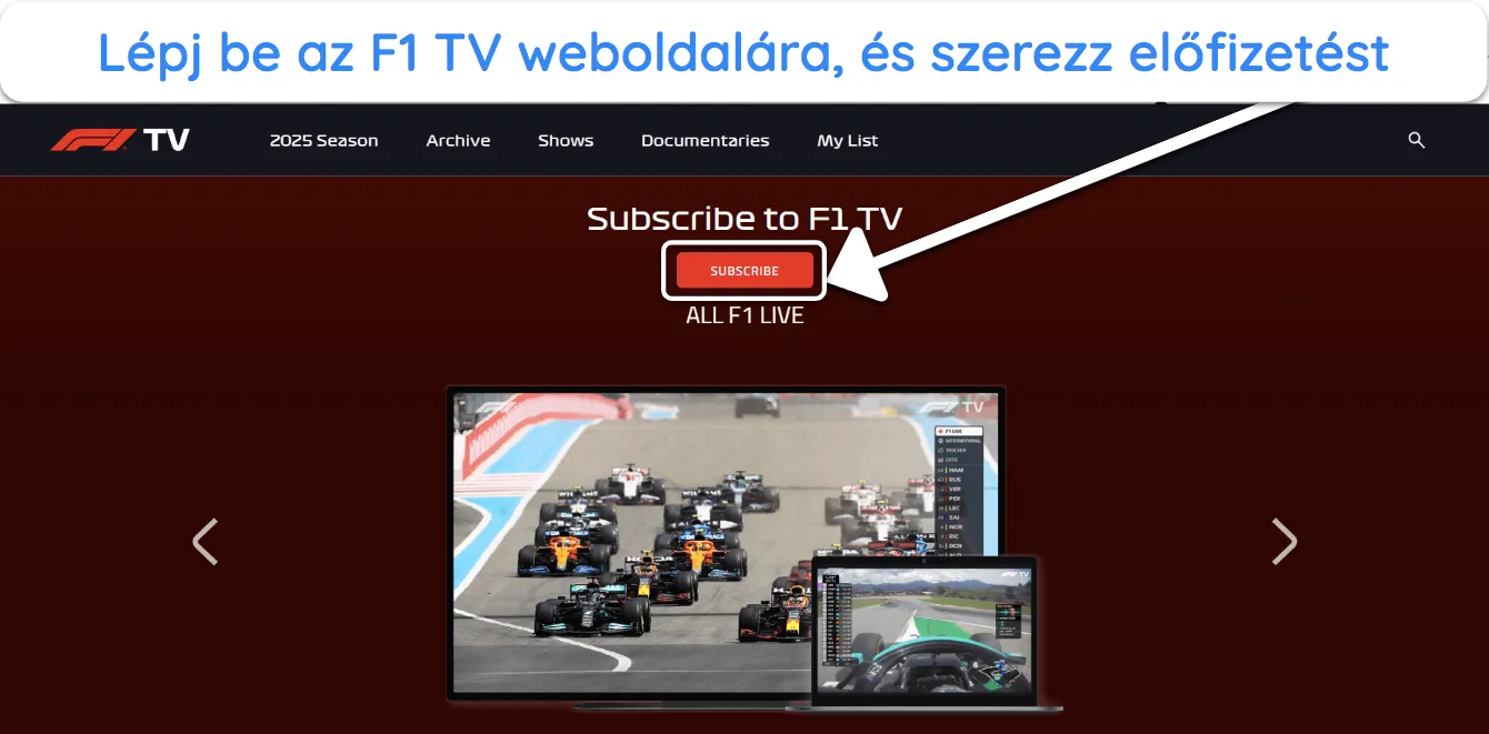 K&eacute;pernyők&eacute;p az F1 TV-előfizet&eacute;s beszerz&eacute;s&eacute;ről.