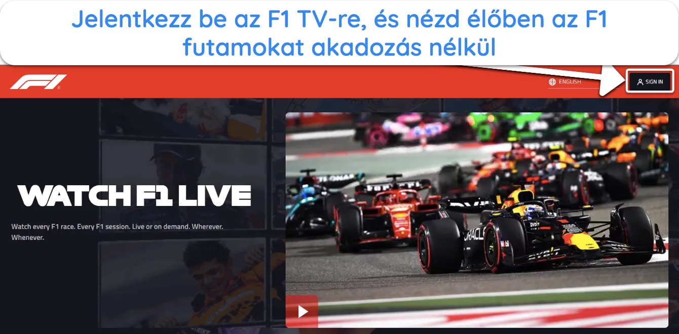 K&eacute;pernyők&eacute;p, amely bemutatja, hogyan jelentkezhet be az F1 TV-be, hogy megn&eacute;zhesse az F1-es versenyeket előfizet&eacute;s ut&aacute;n.