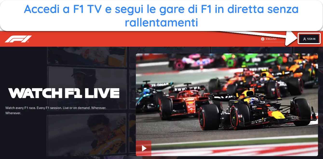 Screenshot che mostra come accedere a F1 TV per guardare le gare di F1 dopo l'abbonamento.