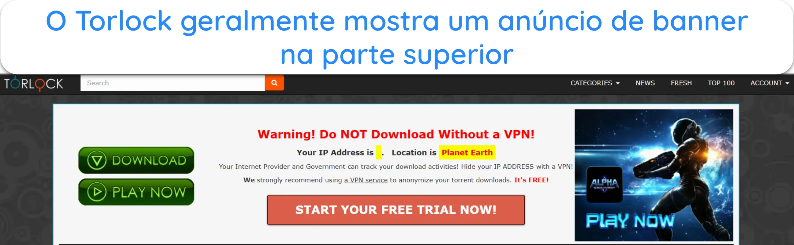 Captura de tela mostrando um grande banner publicit&aacute;rio no site do Torlock.