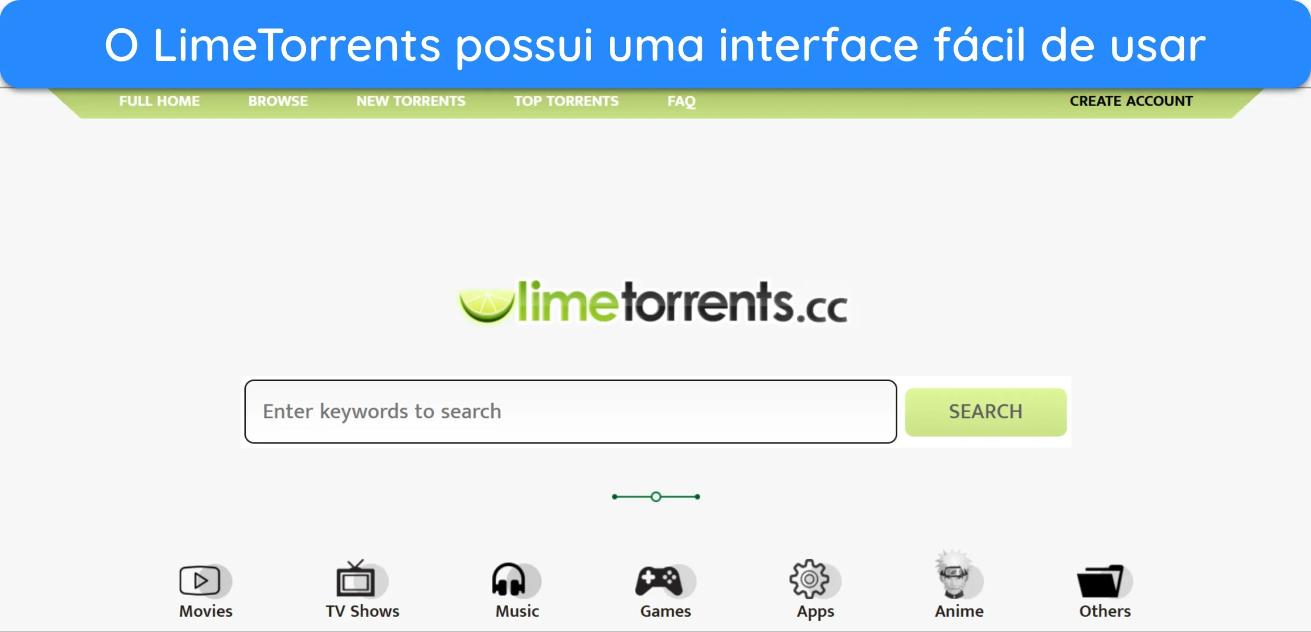 Captura de tela da p&aacute;gina inicial do LimeTorrents.