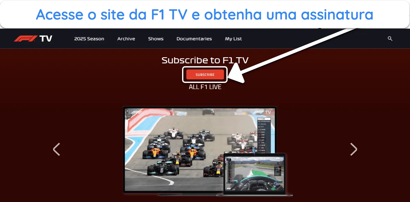 Captura de tela mostrando como obter uma assinatura da F1 TV.