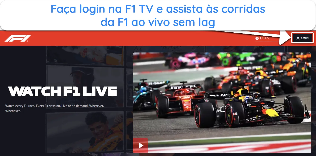 Captura de tela mostrando como fazer login na F1 TV para assistir &agrave;s corridas de F1 ap&oacute;s a assinatura.