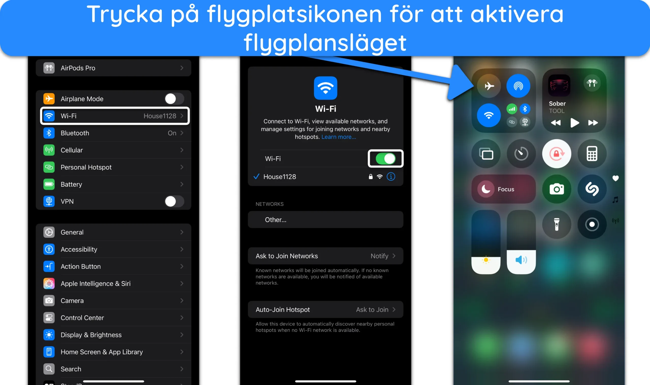 Sk&auml;rmdump av hur du aktiverar flygplansl&auml;ge p&aring; iPhone.