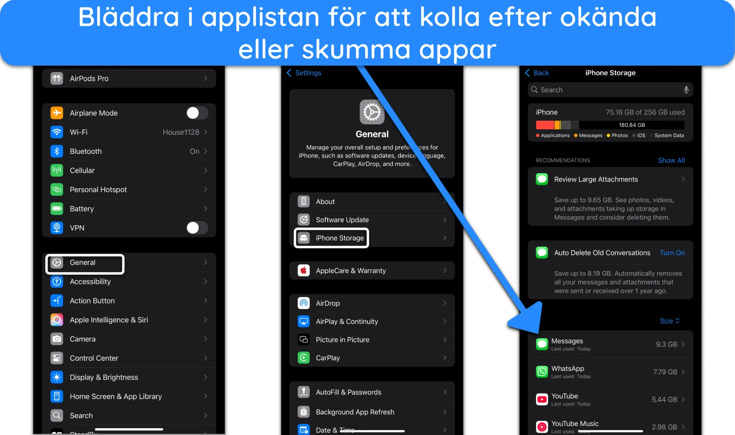 Sk&auml;rmdump av listan &ouml;ver appar som visas under iPhone-lagring.