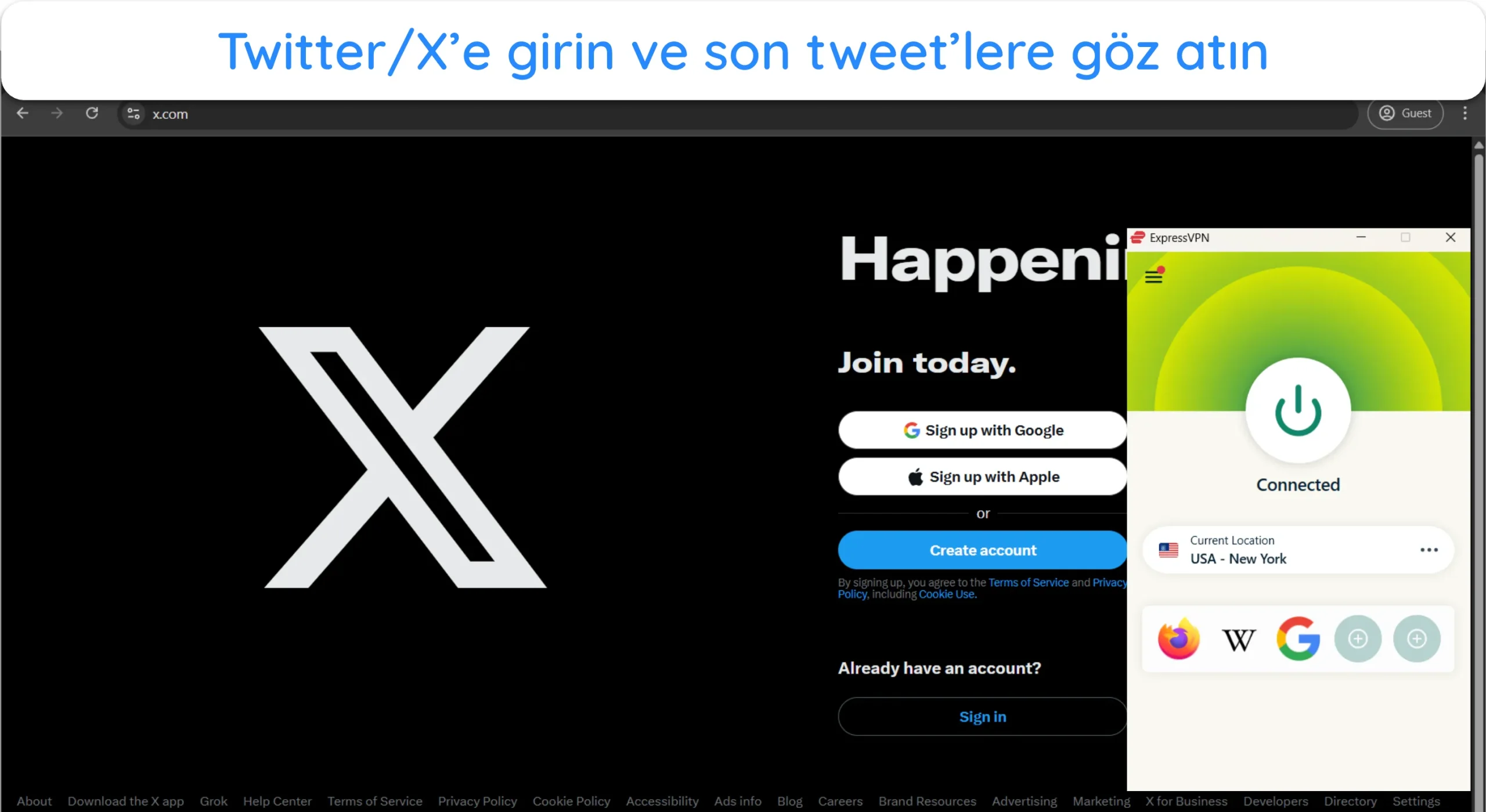 ExpressVPN'e bağlandıktan sonra Twitter/X'e nasıl giriş yapılacağını g&ouml;steren ekran g&ouml;r&uuml;nt&uuml;s&uuml;.