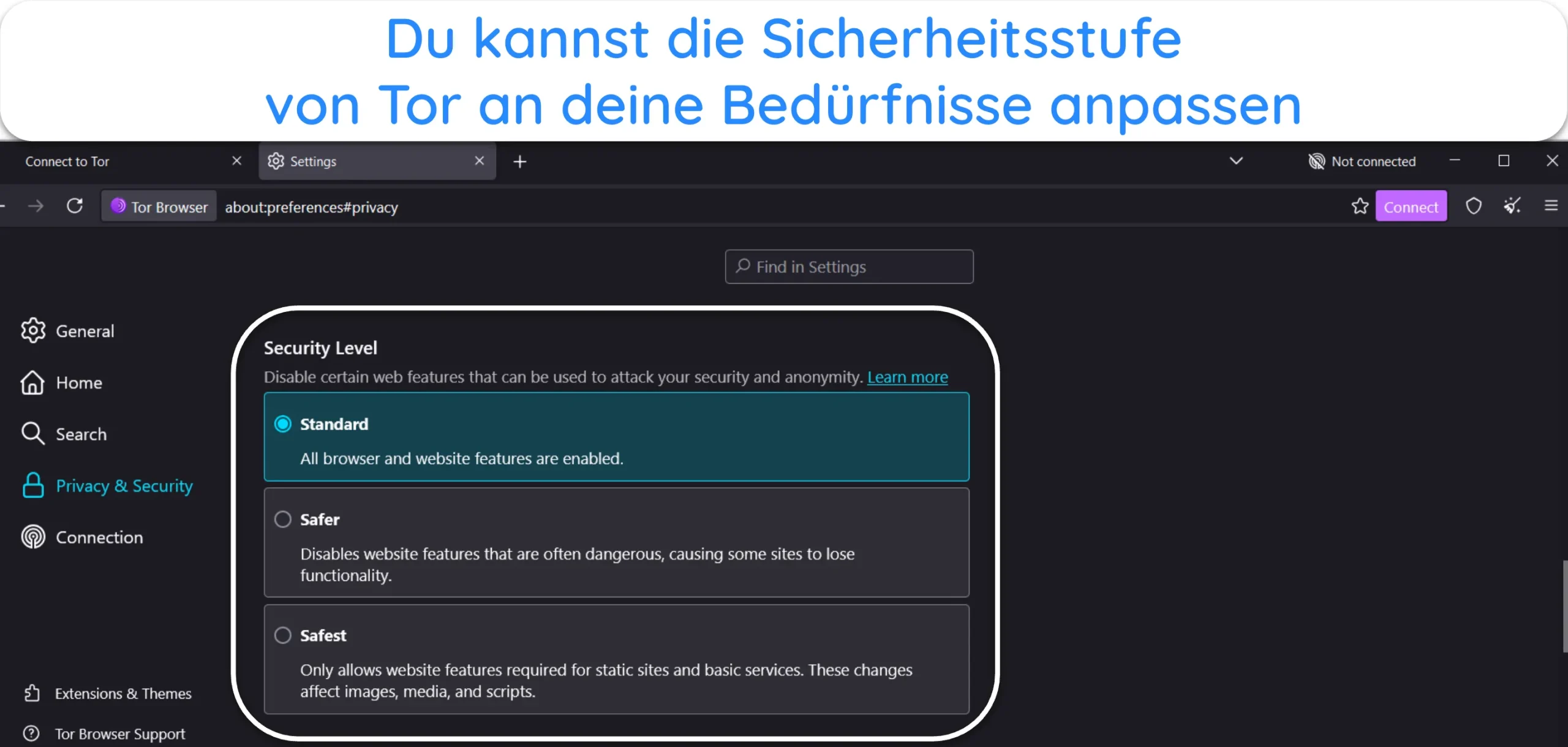 Screenshot der Option &bdquo;Sicherheitsstufe&ldquo; in den Tor-Einstellungen
