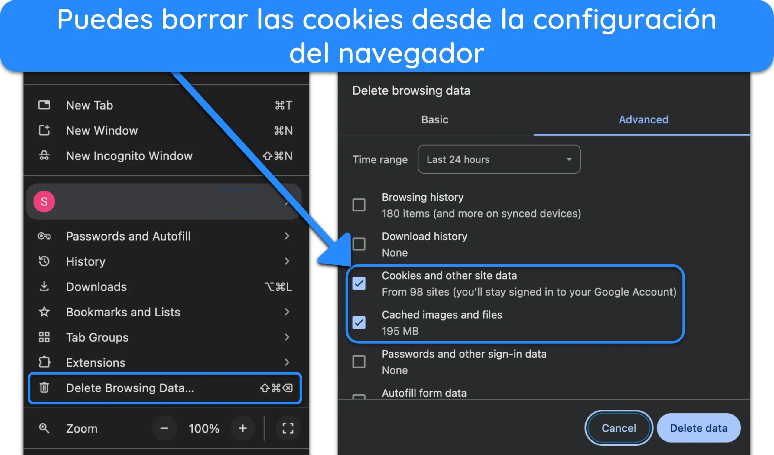Captura de pantalla de c&oacute;mo borrar las cookies y la cach&eacute; en Google Chrome.
