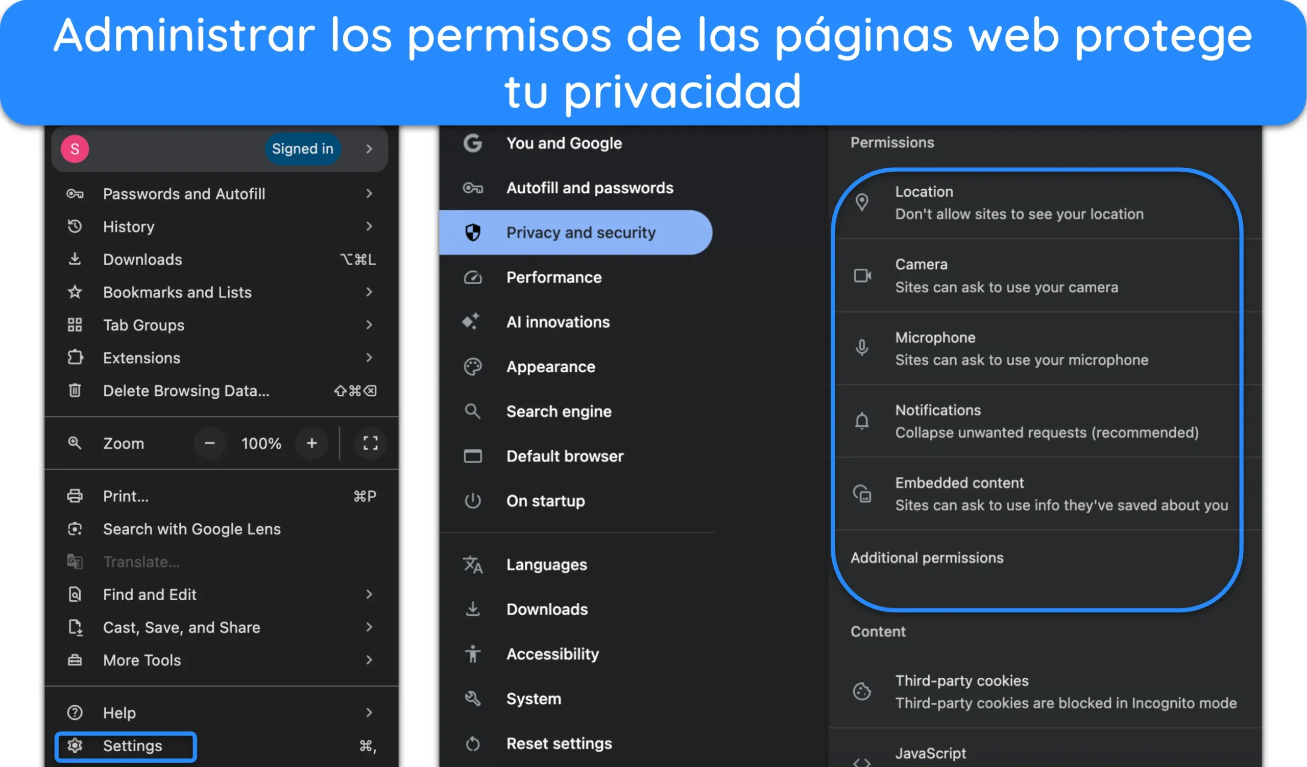 Captura de pantalla de c&oacute;mo administrar los permisos del sitio en Google Chrome.