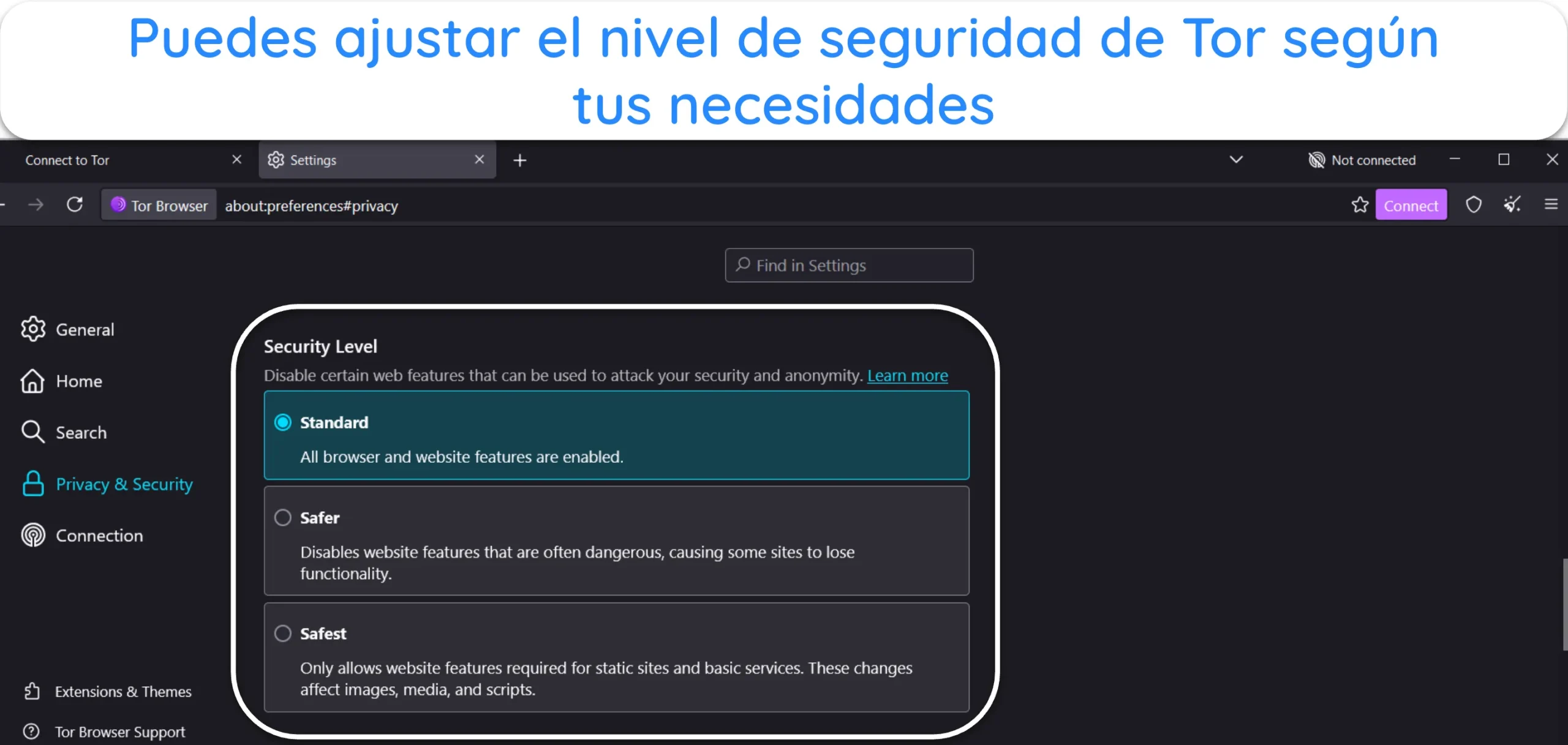 Captura de pantalla que muestra la opci&oacute;n Nivel de seguridad en la configuraci&oacute;n de Tor